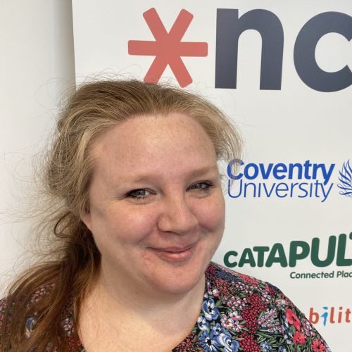 Maddy Hughes headshot in front of post with half of ncat logo visible and Coventry University and Connected Places Catapult written underneath