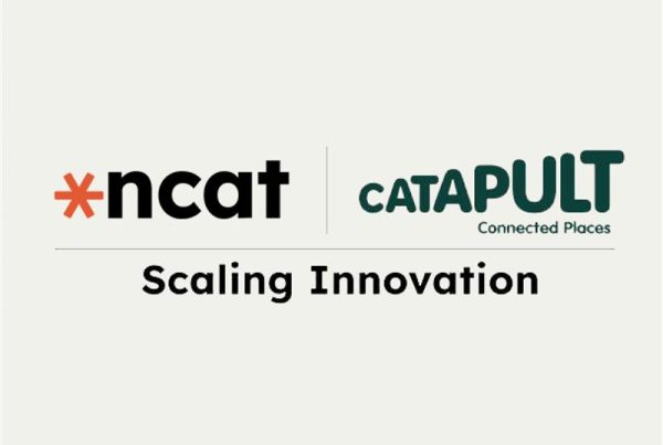 an image combining the logos of the National Centre for Accessible Transport, which is black initials on a white background, sat alongside an orange wheel shape, as well as the words Connected Places Catapult in green, sat above the words Scaling Innovation.